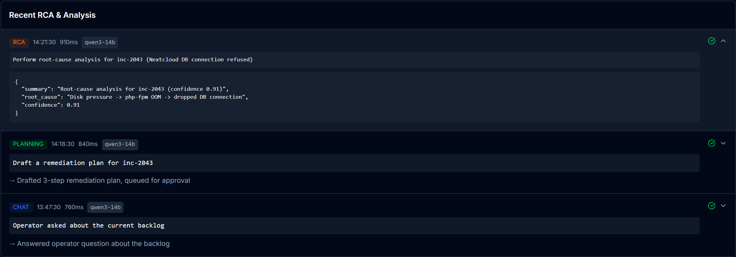 An expanded reasoning-agent RCA row showing the full prompt and a JSON result with a root cause and a confidence score