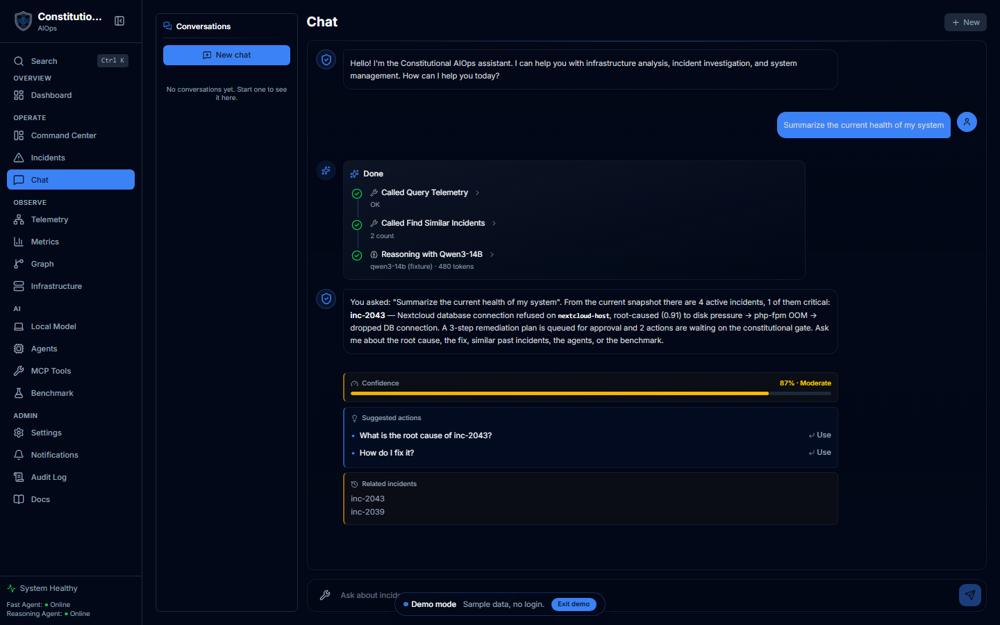 A chat answer with its tool-call timeline, confidence score, suggested actions, and related incidents