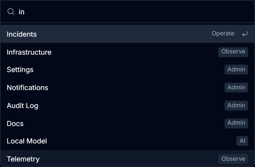The command palette open with a query typed, showing a ranked list of pages each tagged by section