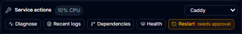 The service action bar with diagnose, recent logs, dependencies, health, and a gated restart, plus live CPU