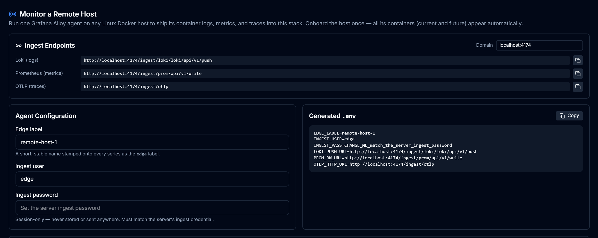 The Monitor a Remote Host block: ingest endpoint URLs, an agent configuration form, and a live generated .env block