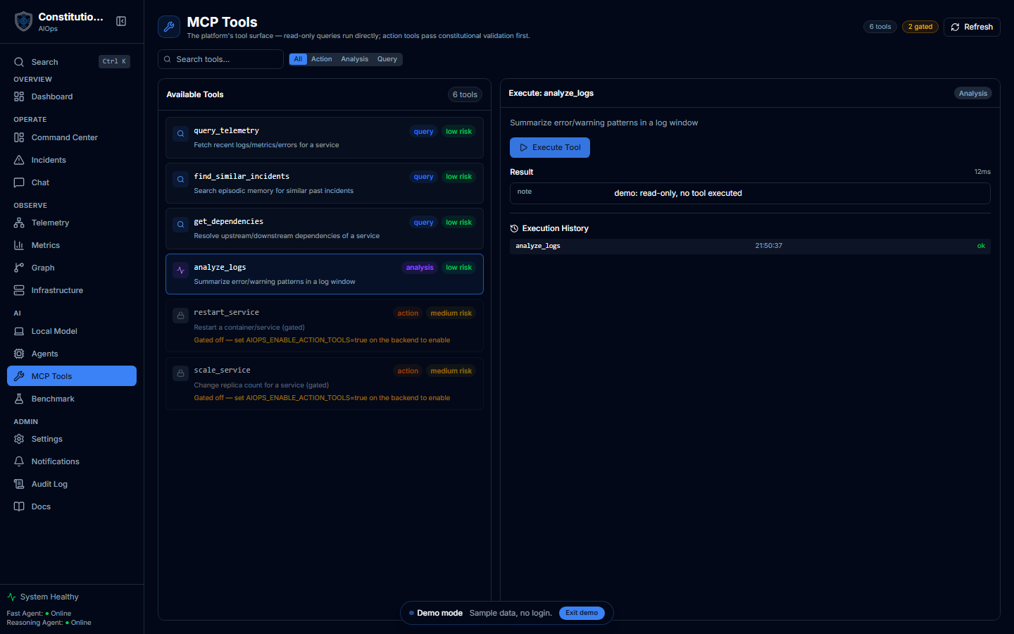 The MCP page with a read-only analyze_logs tool selected and executed. The result and its timing show on the right with an execution-history strip, while the two action tools sit locked in the list