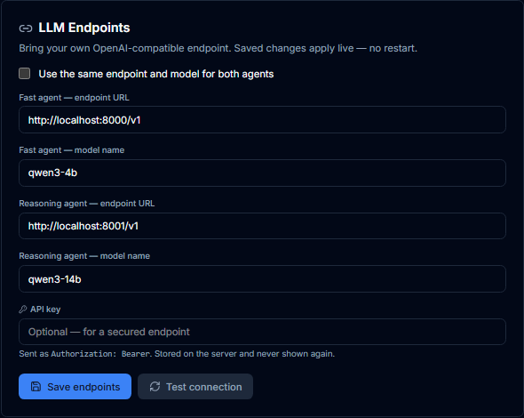 The LLM Endpoints card with a fast agent URL and model, a reasoning agent URL and model, a shared-endpoint checkbox, an optional write-only API key, and Save and Test connection buttons